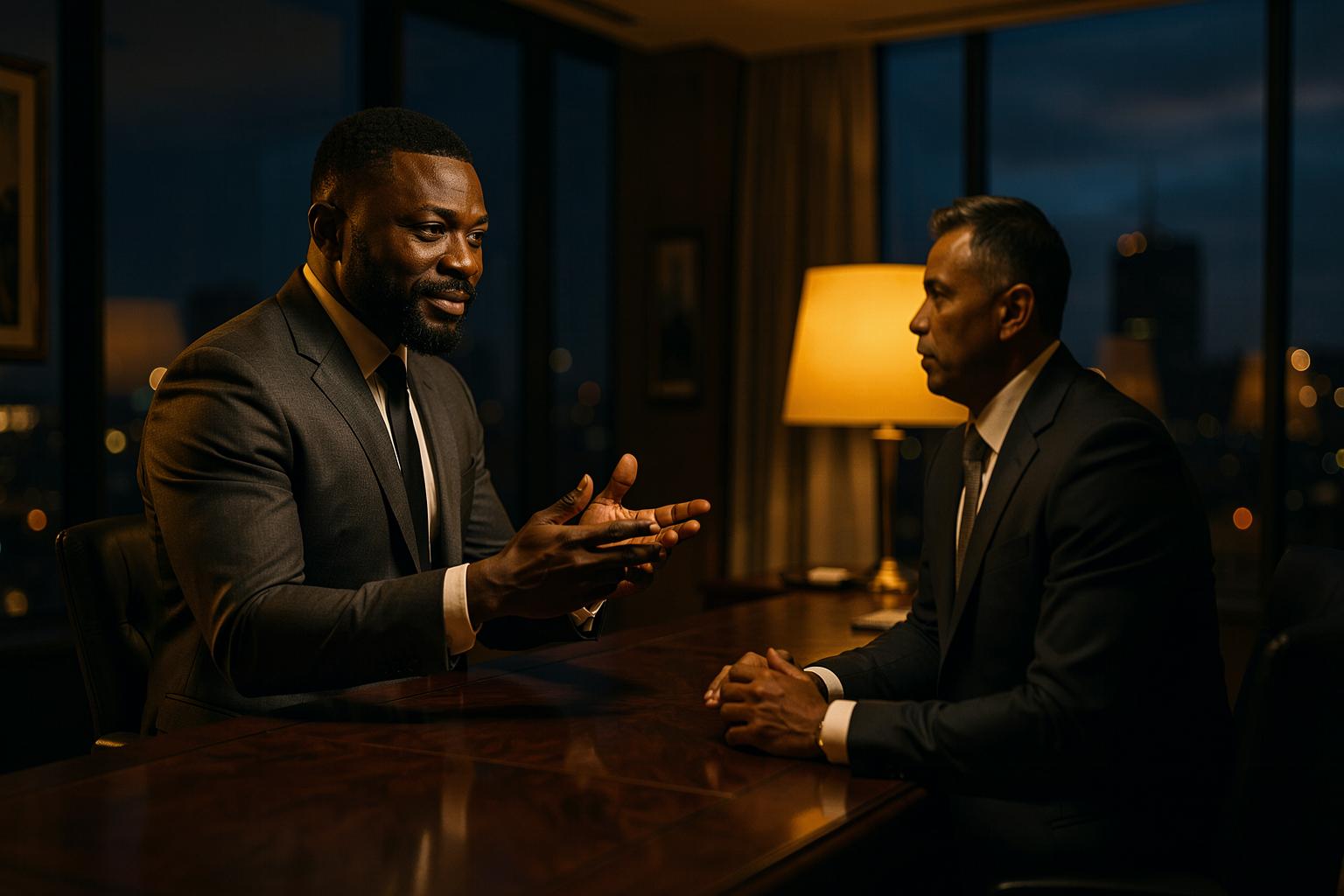 A founder being coached in a golden-lit executive office