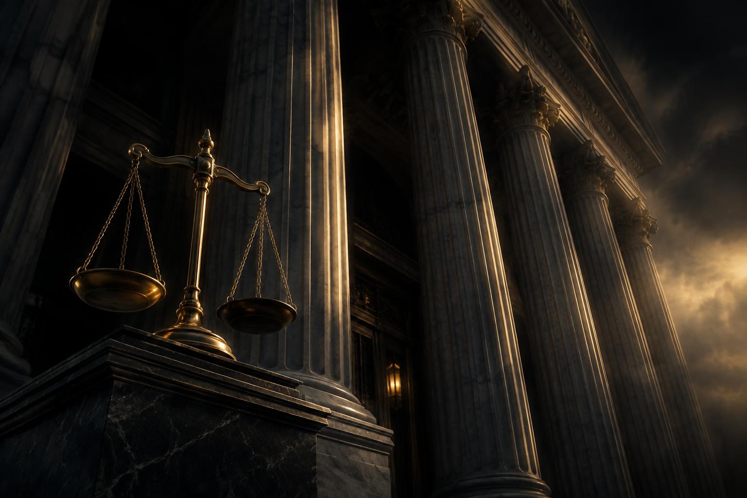 Marble courthouse columns and a brass scale of justice in golden light