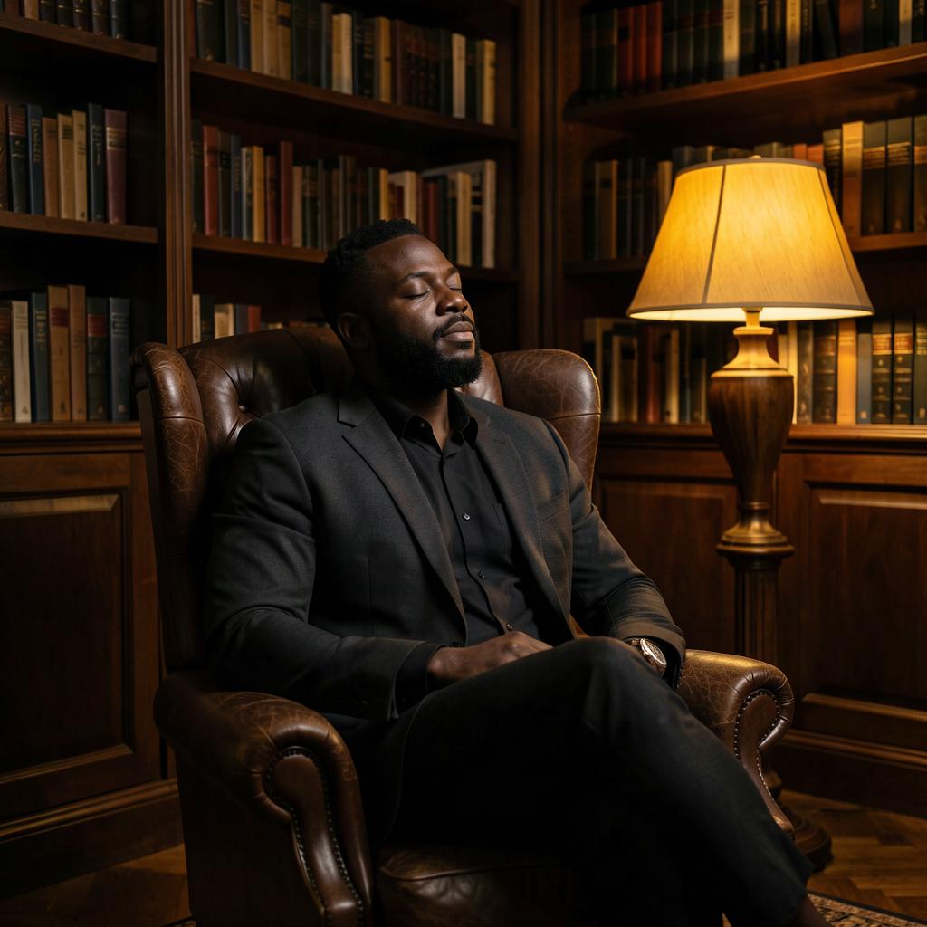A founder mapping out their business plan in a warm, golden-lit study