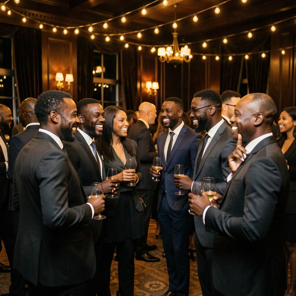 Professionals connecting at an upscale evening gathering