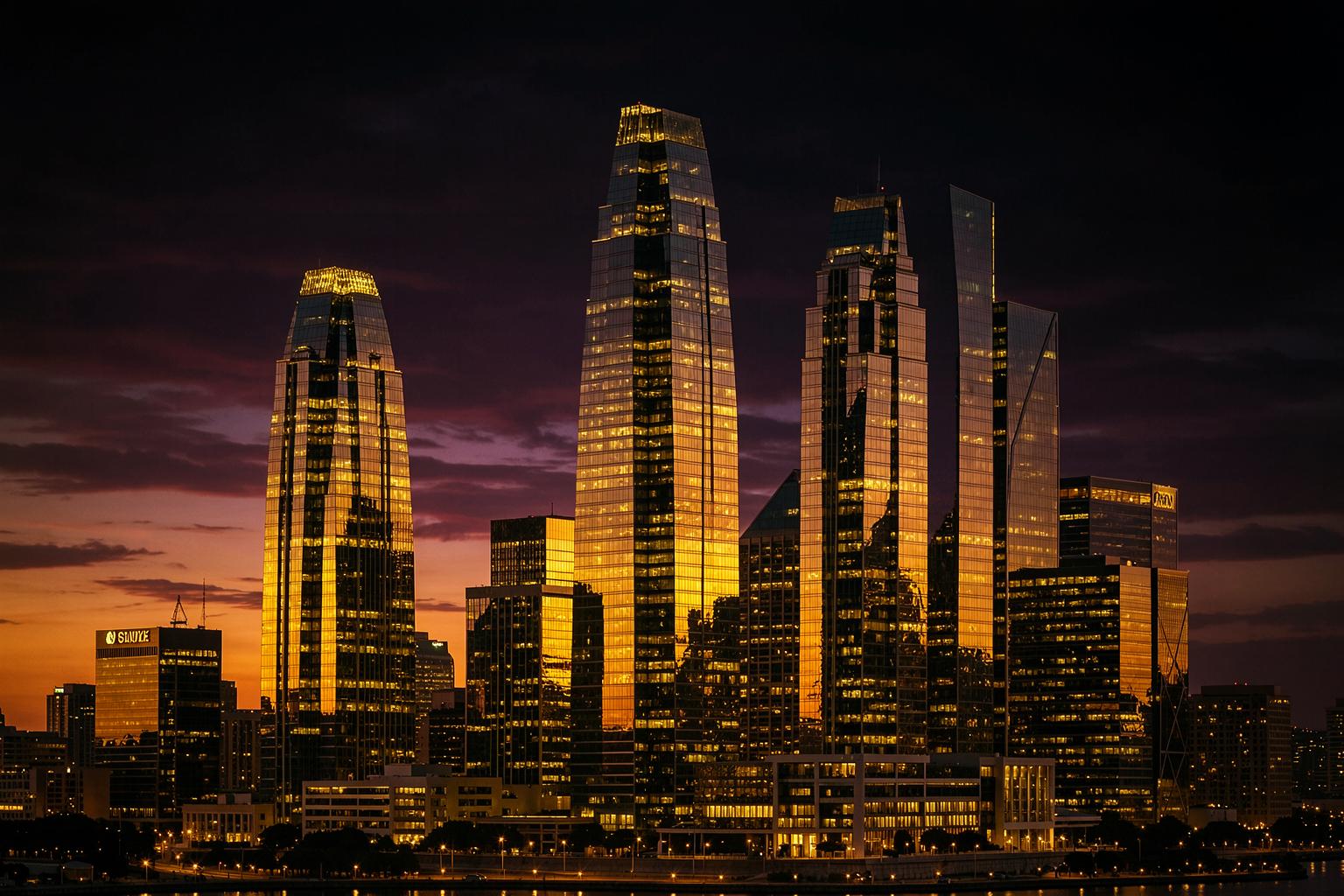 A gleaming city skyline at dusk