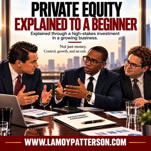 Private Equity Explained to a Beginner — three investors at a conference table with a city skyline behind them