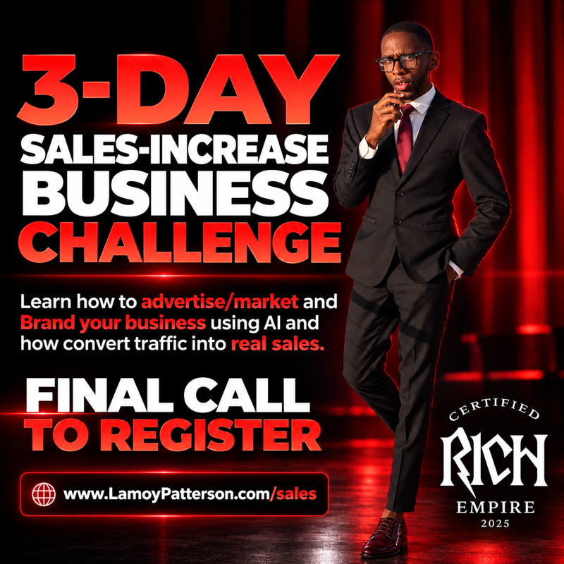 Promotional graphic for the 3-Day Sales-Increase Business Challenge, set against dark red theater curtains